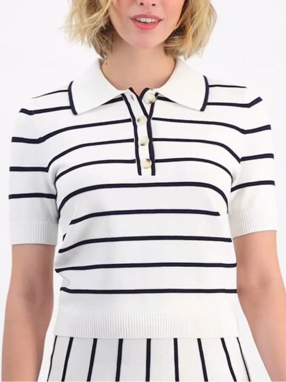 On 34th / Striped Knit Short Sleeve Polo Sweater Top / white black - Picture 1 of 8